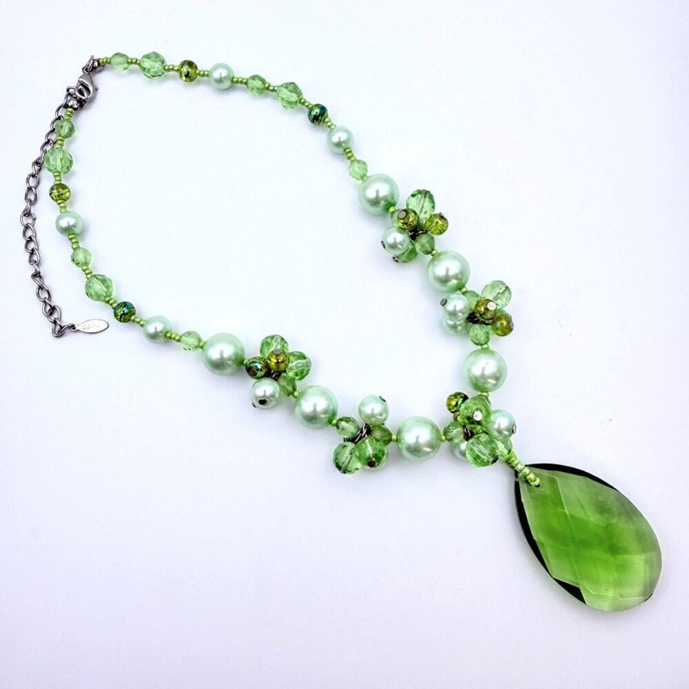 Mid-Century Crystal Pendant Necklace Mint Green Faux Pearl Statement 15.5"